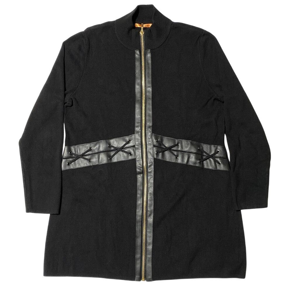 Women's Tunic Sweater Full Front Zip Faux Leather Lace Up Waist Detail Trim XL